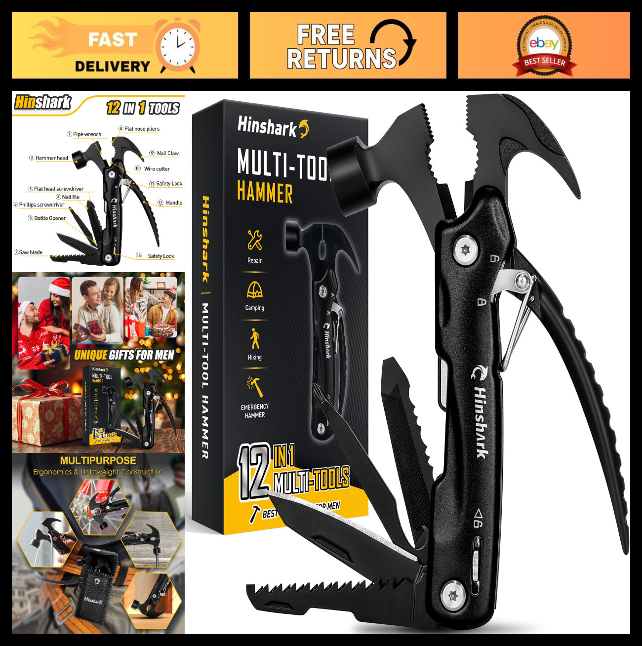 12-in-1 Hammer Multitool – Unique Gifts for Men, Dad, Husband, Grandpa – Cool Ca
