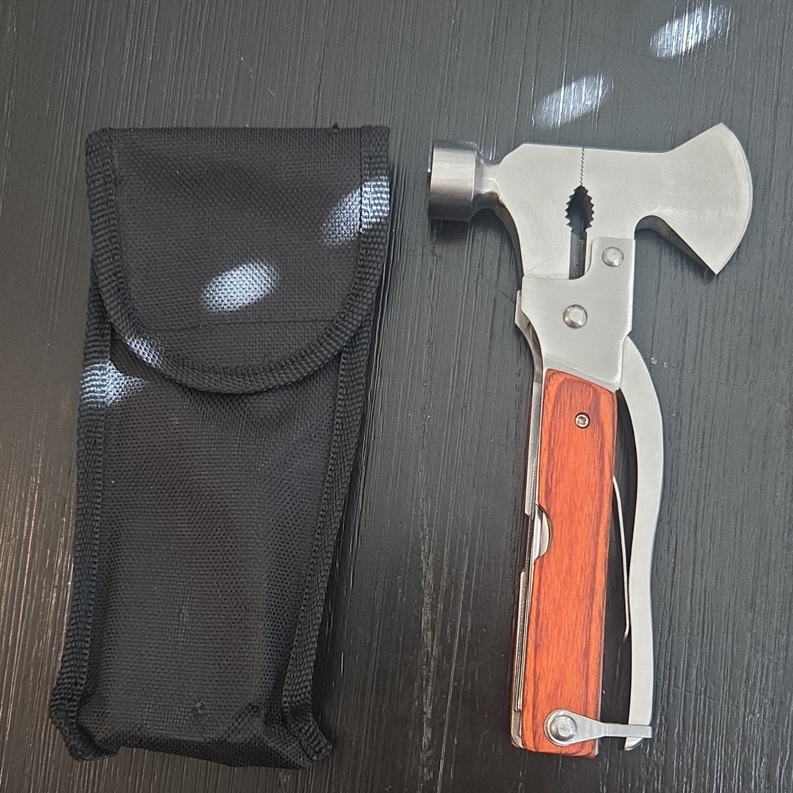 Silver Stainless Steel Multi-Tool Axe Hammer Knife Saw, 7 Tools, Sheath Included