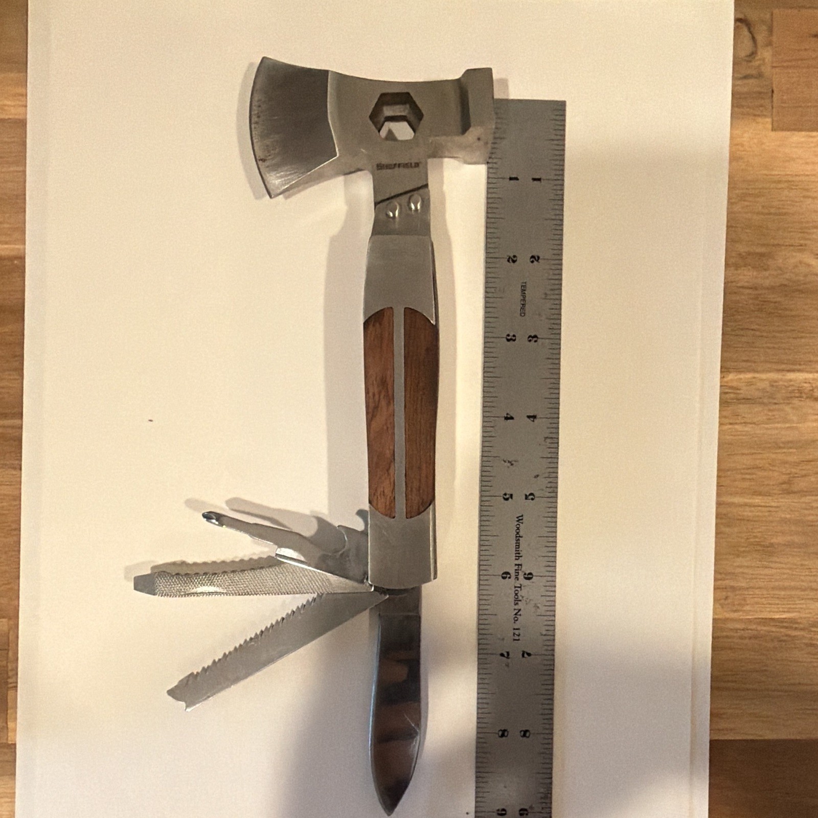 Sheffield 5-in-1 Multi-Tool Hatchet Knife, Straight/Serrated Edge, Steel/Wood