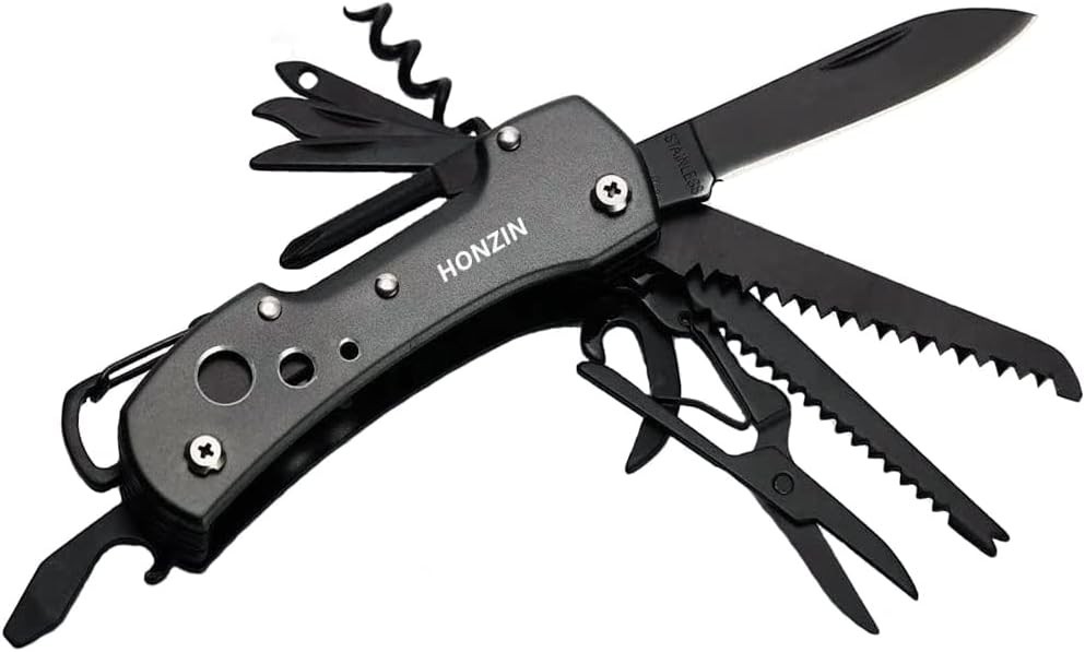 Compact Black 15-in-1 Swiss Multitool Knife for Hiking, Fishing & Everyday Use