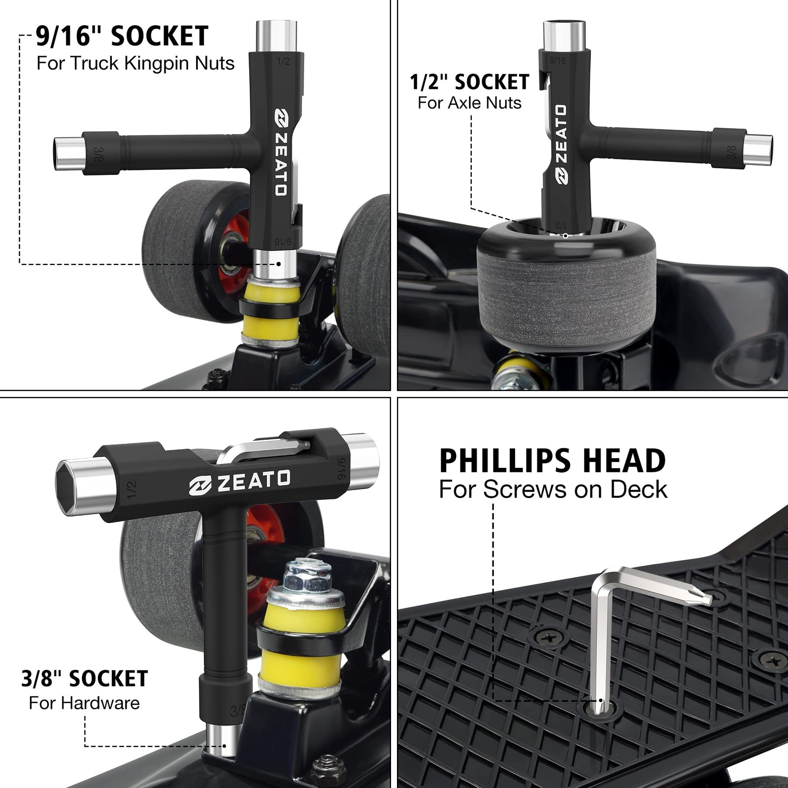 Compact Black Multi Tool Skateboard T Tool with Wrench and Sockets