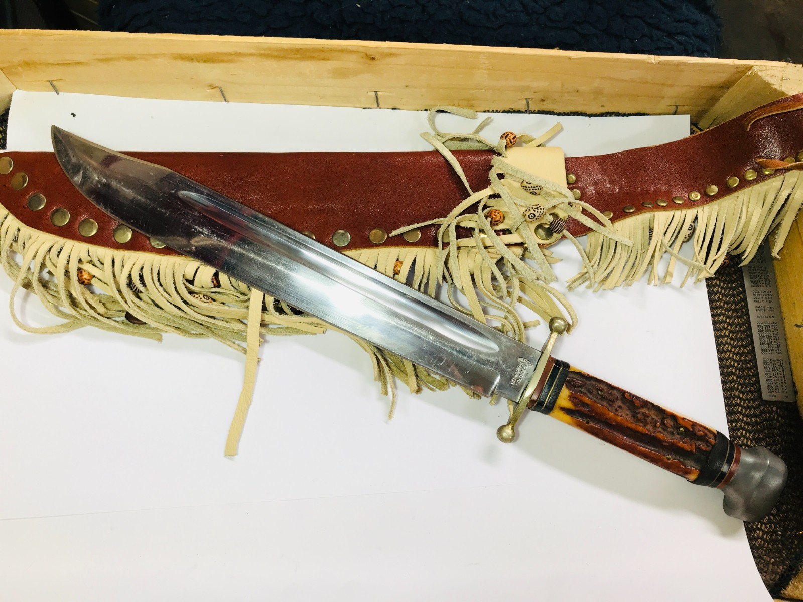 VINTAGE Rehwappen XXXL BOWIE KNIFE STAG HORNE SOLINGEN GERMANY USED