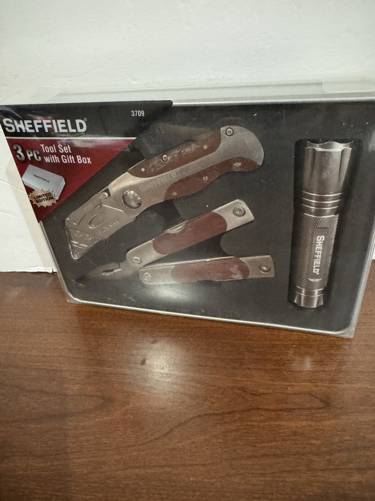 NEW Sheffield 3 Pc Tool Set With Tin Box Multi Tool Utility Knife Flashlight