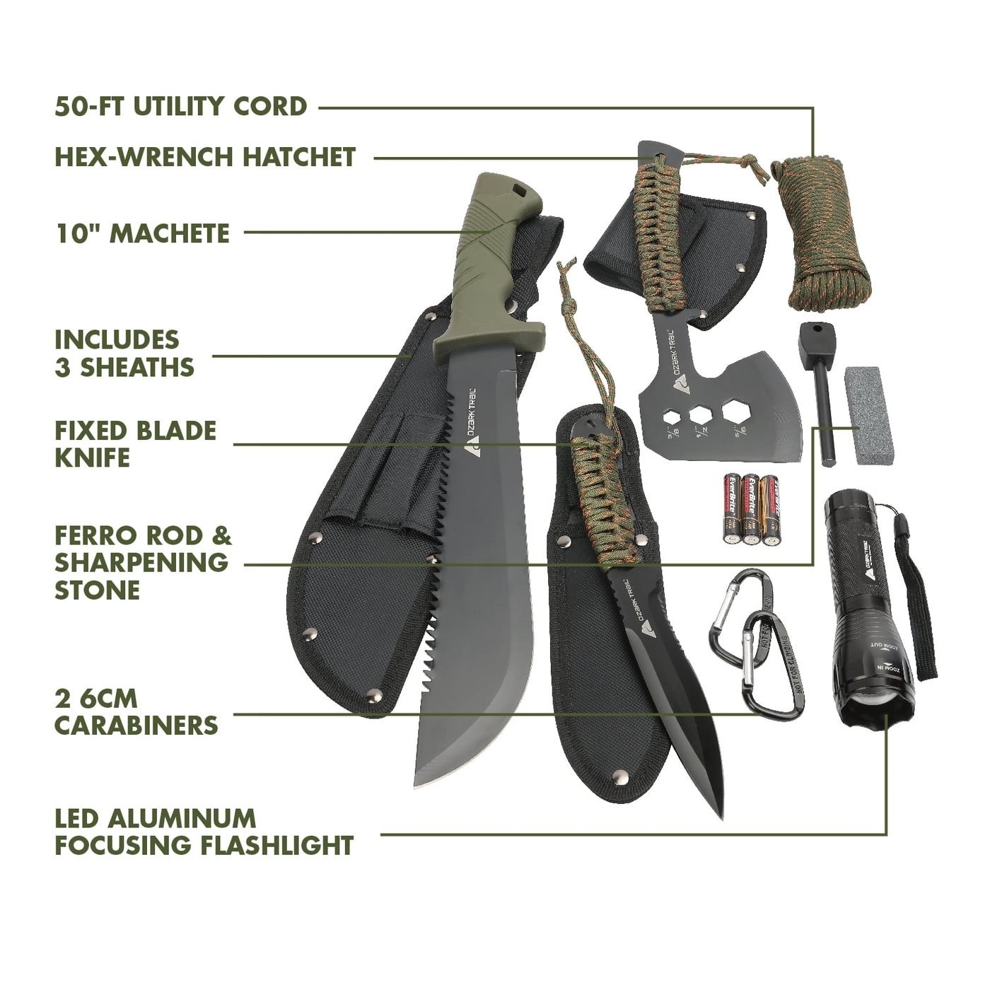 Ozark Trail 12 Pack Camping Tool Set with Flashlight, Machete, Knife – Green
