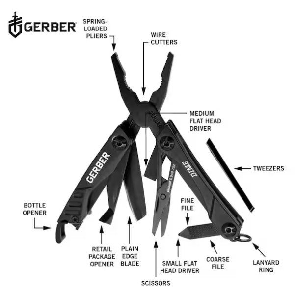 GERBER Dime 10-in-1 Multi-Tool Black Stainless Steel Pliers Wire Cutter Driver