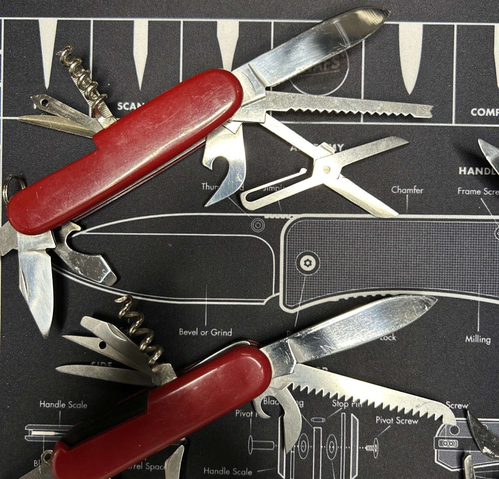 Lot Of 3 Vintage Japan Red Multi Tool Folding Knives Good USED Tools Clean Sharp