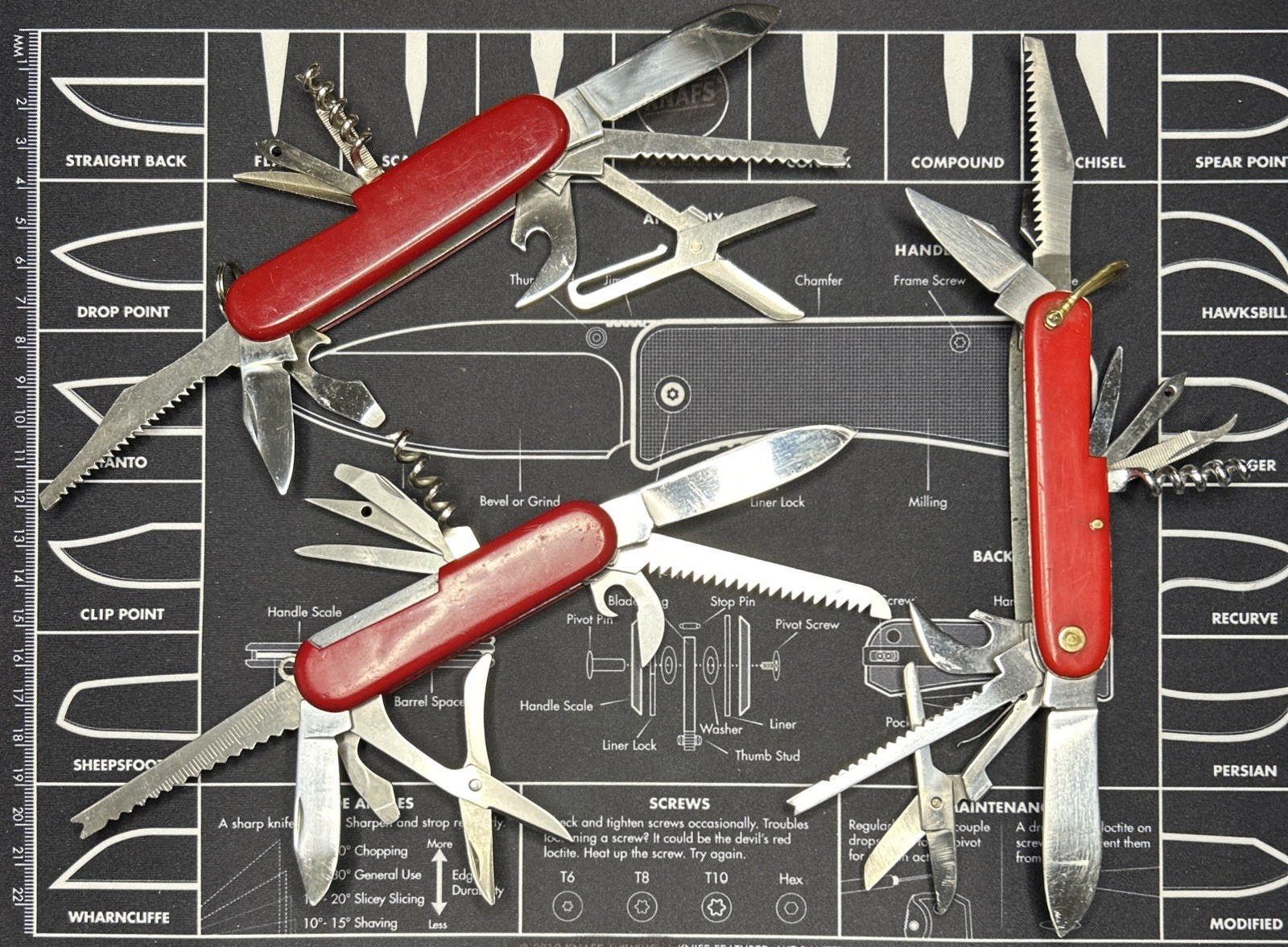Lot Of 3 Vintage Japan Red Multi Tool Folding Knives Good USED Tools Clean Sharp