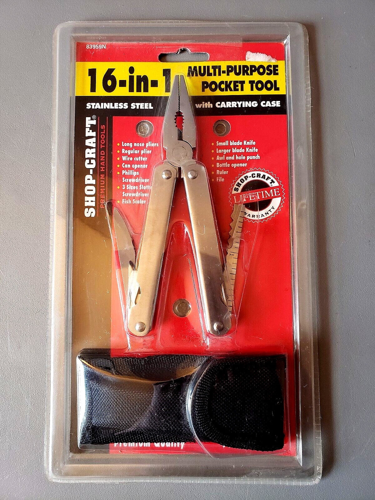 2 SHOP CRAFT – 16-IN-1 MULTI TOOLS W/ CARRYING CASE – STAINLESS STEEL – 4″ LONG
