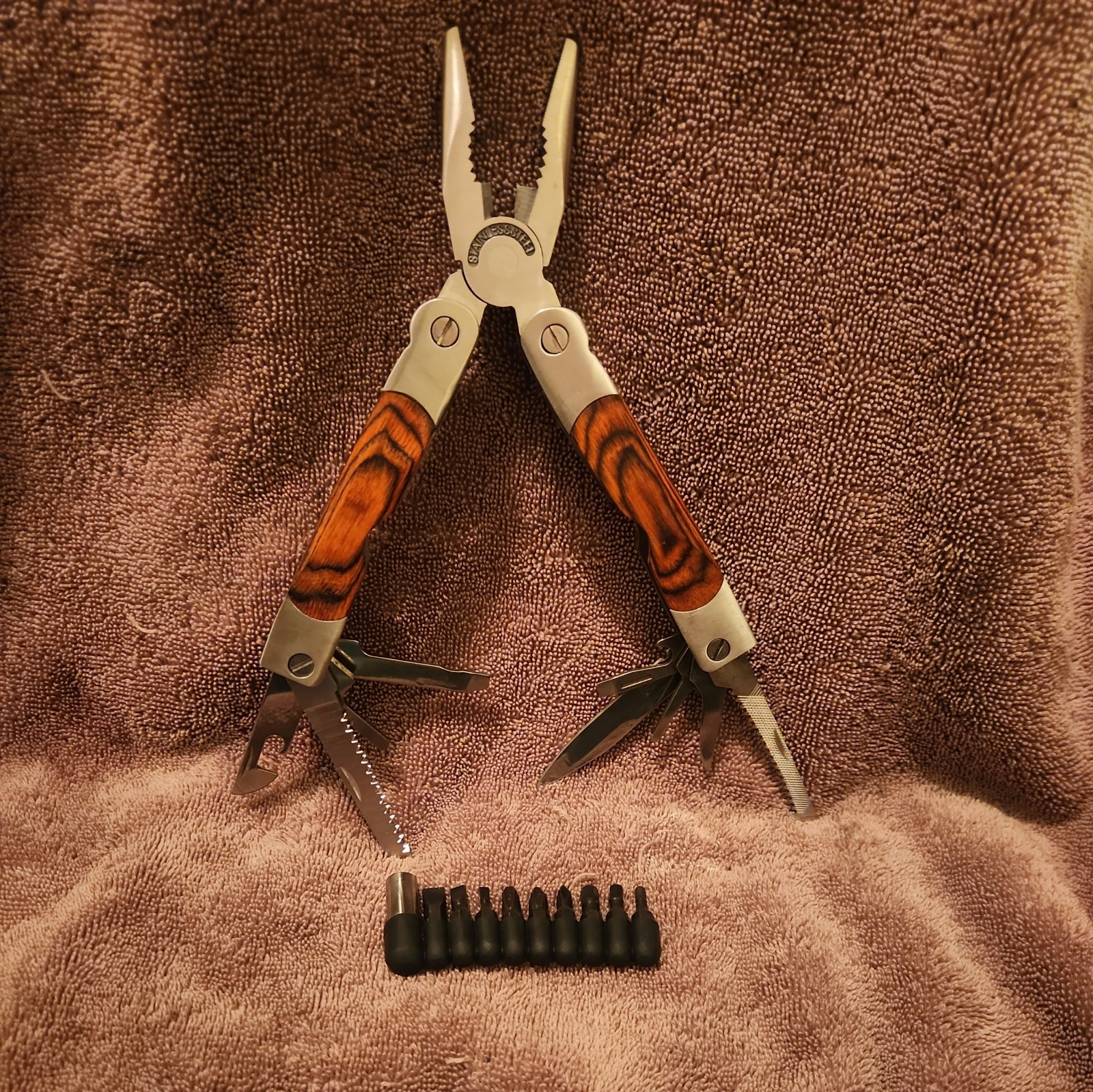 Wood Handle Stainless Steel Multi Tool with Bits 7″Open