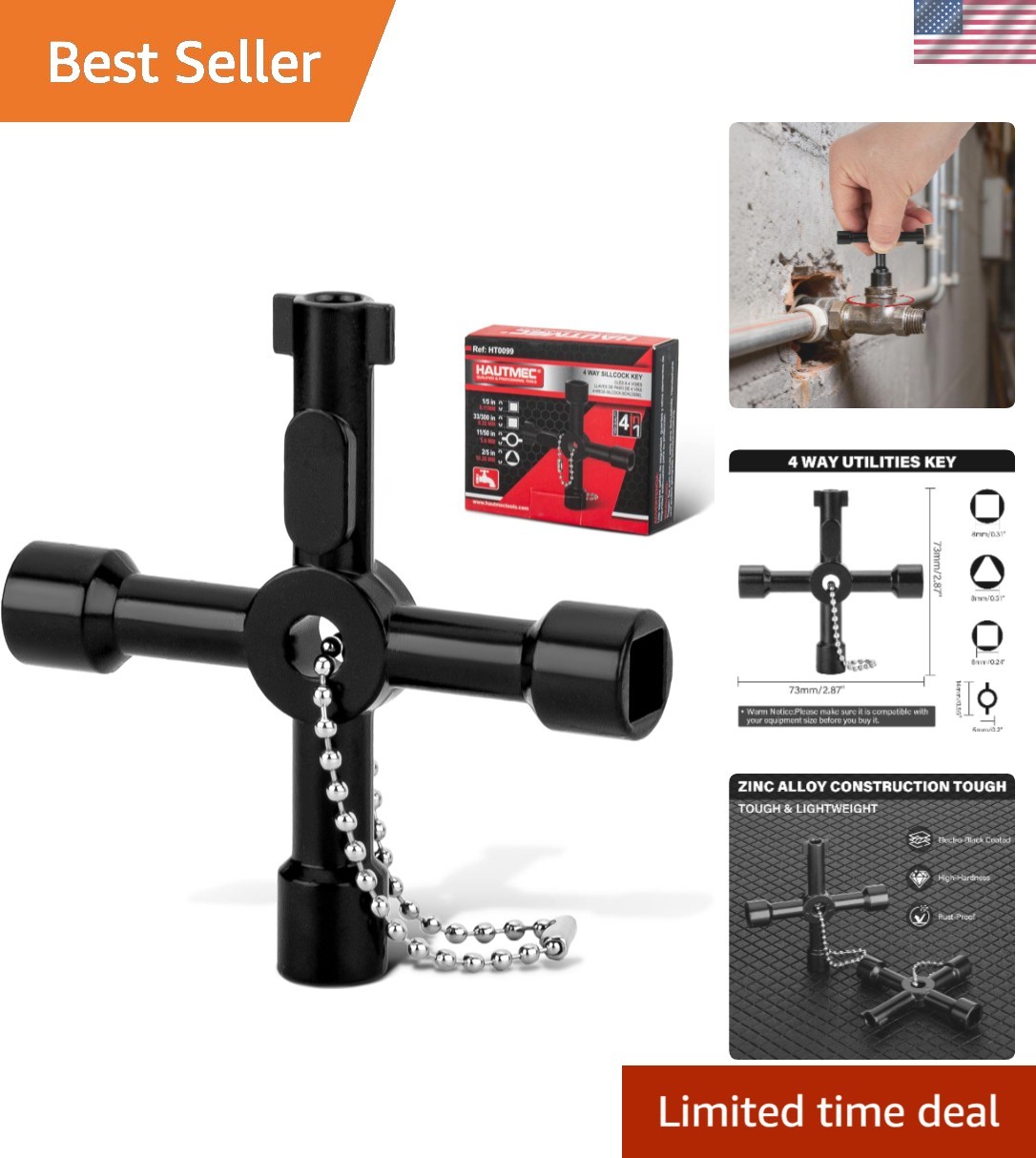 4 Way Zinc Alloy Water Key for Plumbers and Electricians – Compact & Stylish