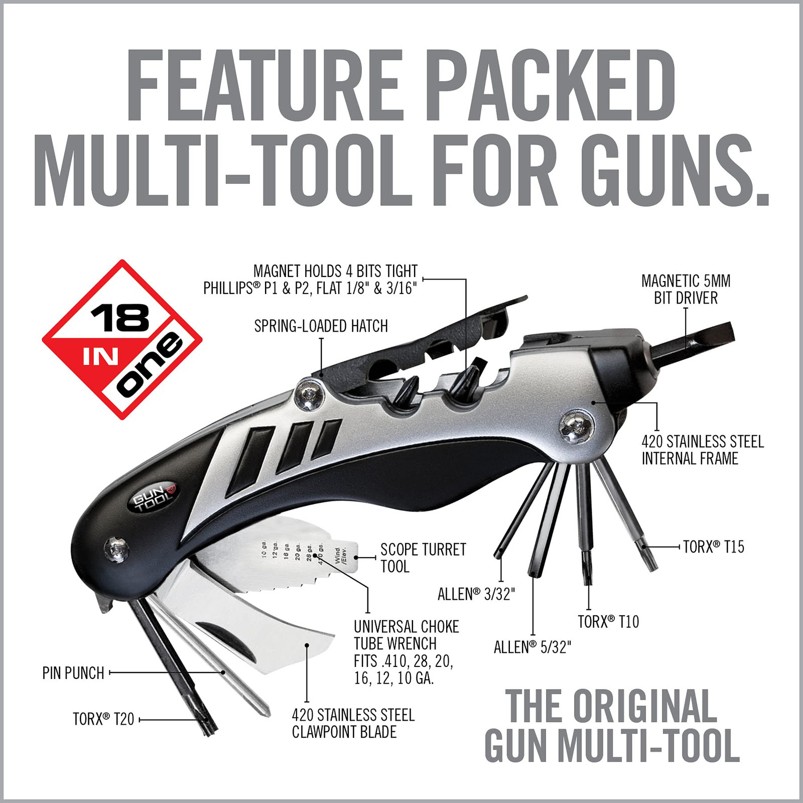 Black Multitool Gun Tool 18 in 1 for Rifles and Shotguns with Ergonomic Grip