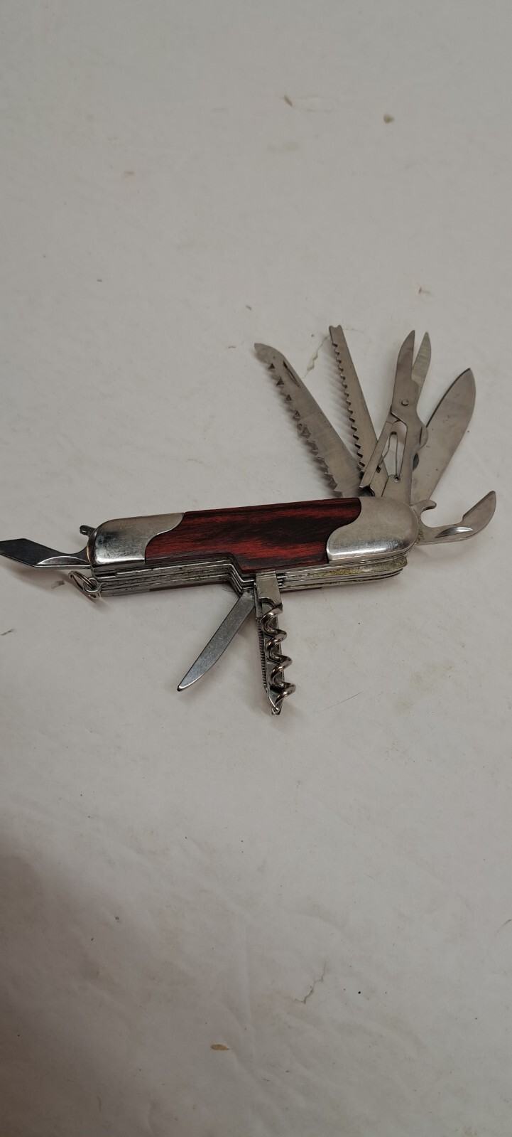 Vintage NRA 11 Multi Tool Knife Scissors Screwdriver Saw Wood Handle 3.5″ Long