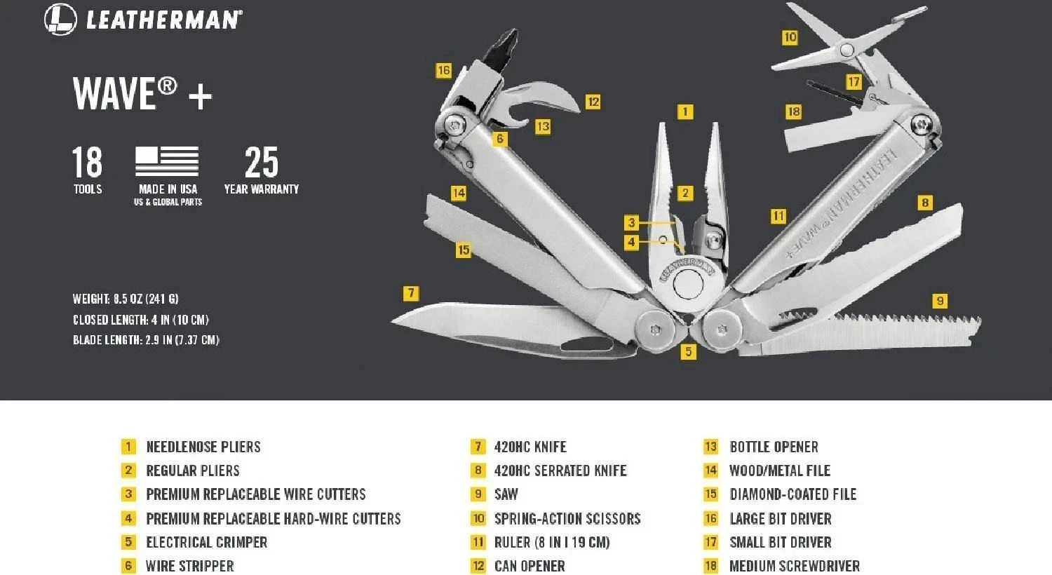 Leatherman Wave Plus 18 Multi-Tool, Steel. No Ship to State CA