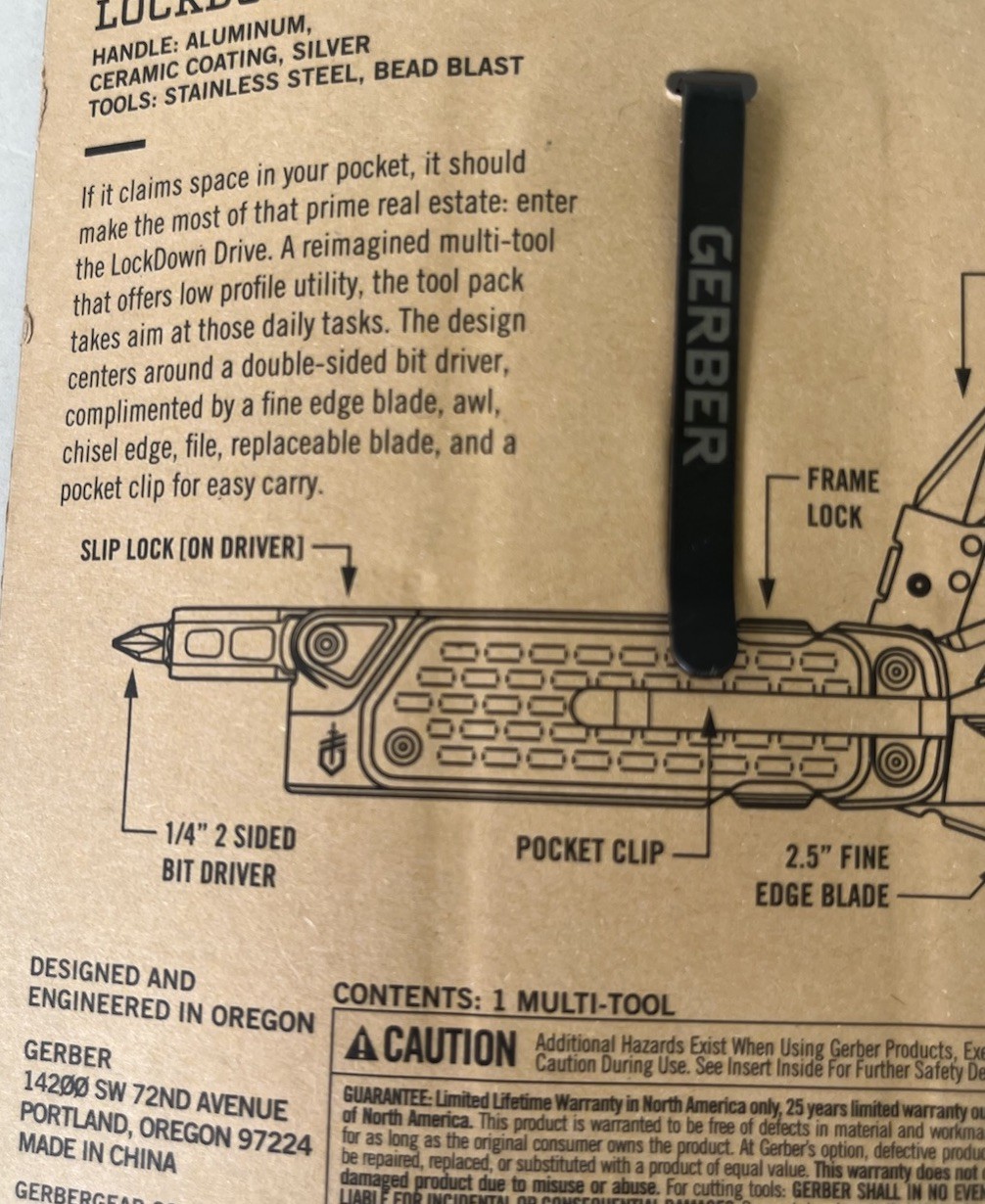 Gerber Lockdown Drive Multi-Tool 31-003569 8 Tools Silver/Black Pocket Clip NEW