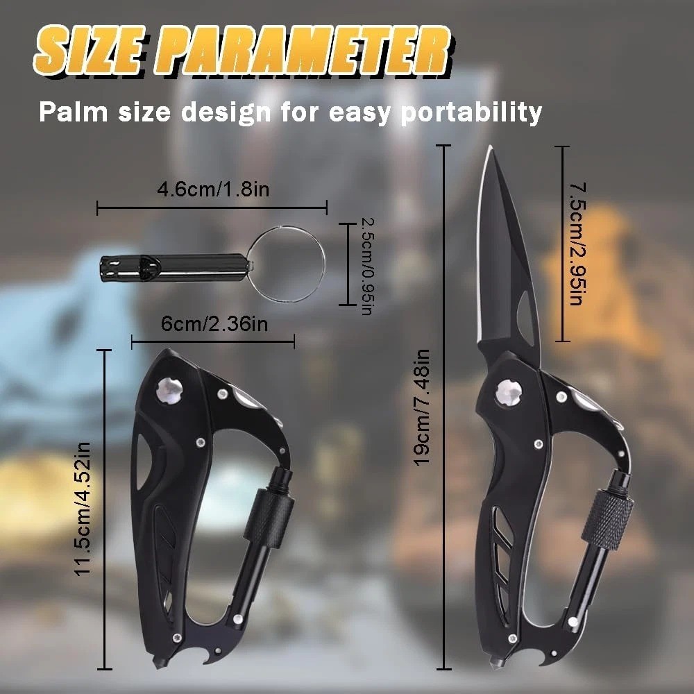 Multitool Carabiner Pocket Knife EDC Keychain w/ Whistle Bottle Opener