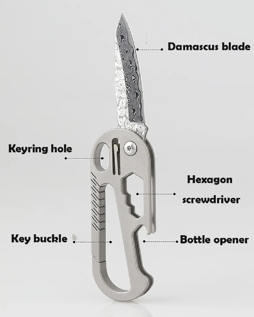 Mini EDC Multitool – Anodized Blue Titanium Carabiner Keychain w/ Damascus Blade