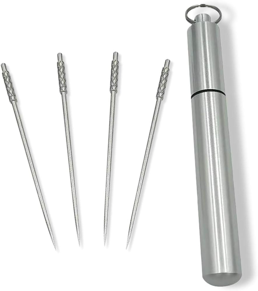 4 Pieces Titanium Toothpicks Set with Stainless Toothpick Holder for Keychain-Po