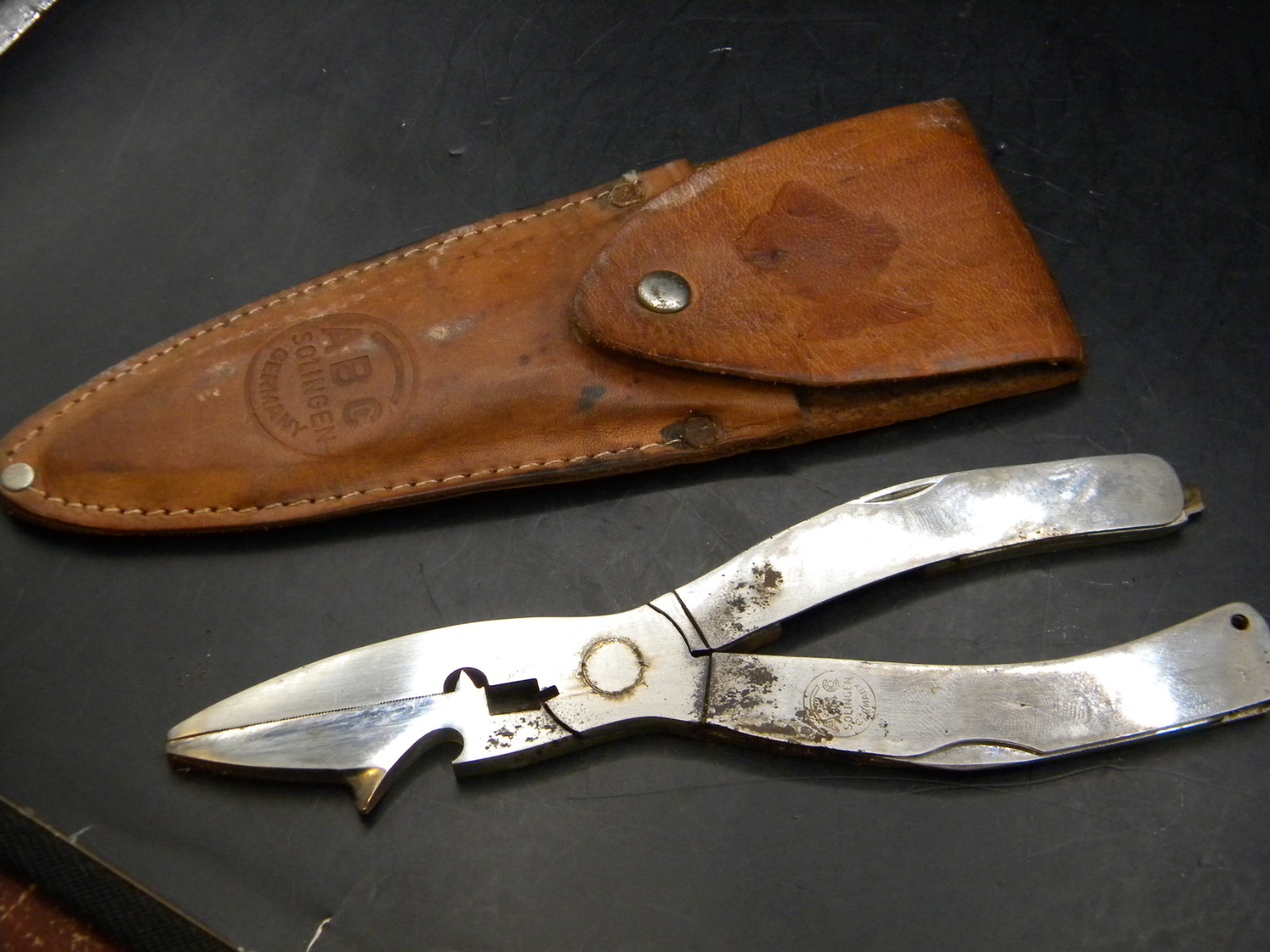 Vtg ABC Solingen Germany Stainless Steel Fishing Multi tool w/ Original Sheath