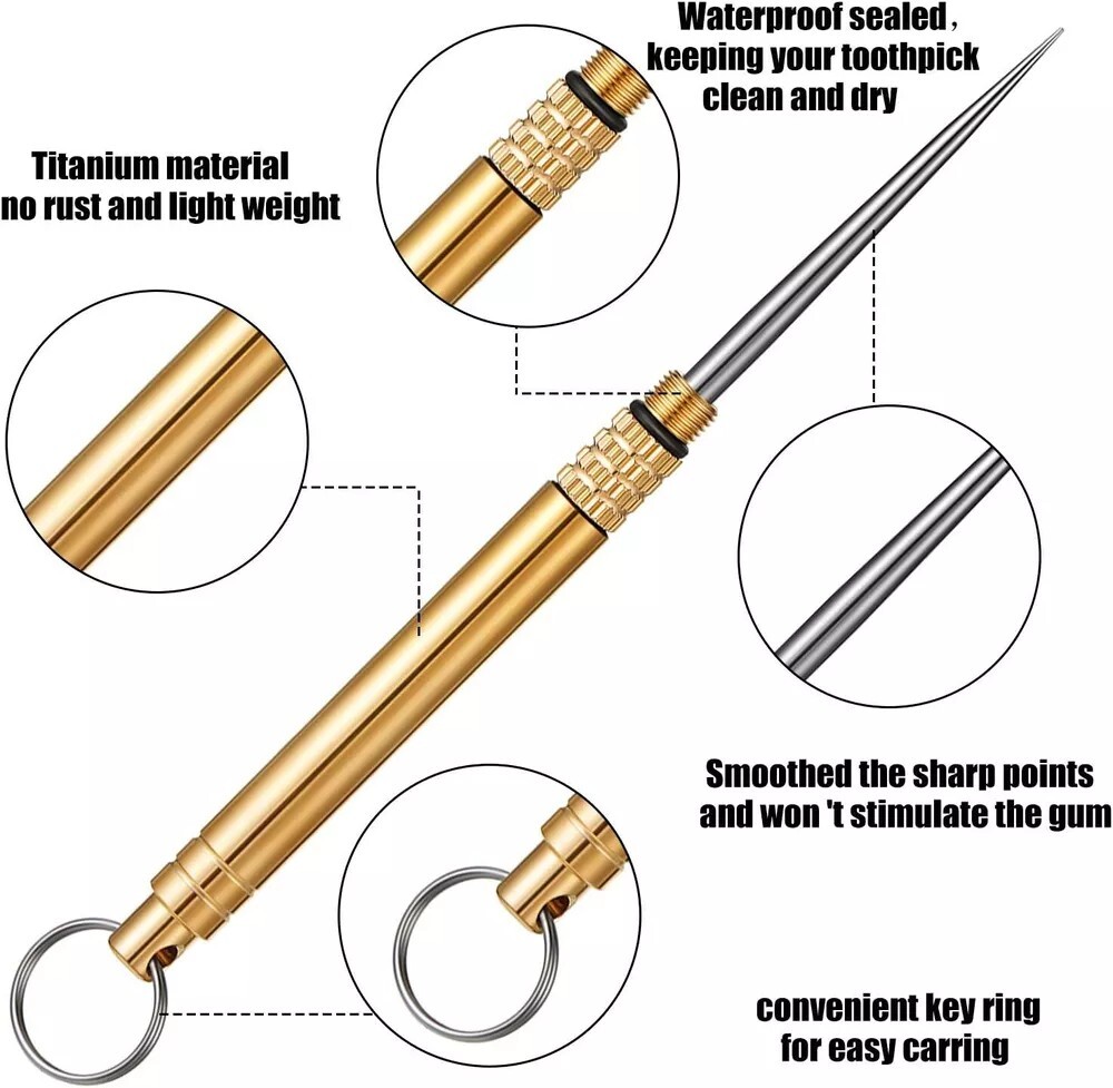 5PC Portable Titanium Pocket Toothpick Keychain Brass Holder Camping Travel Gold