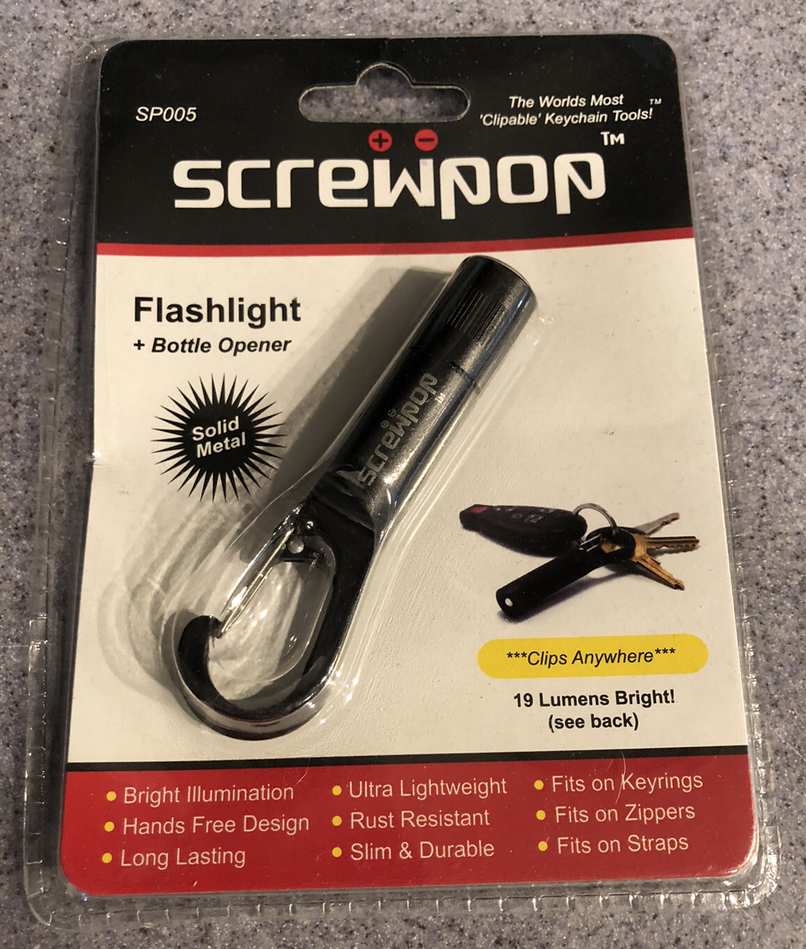Screwpop Keychain Tools Flashlight + Bottle Opener Clipable 19 Lumens NEW