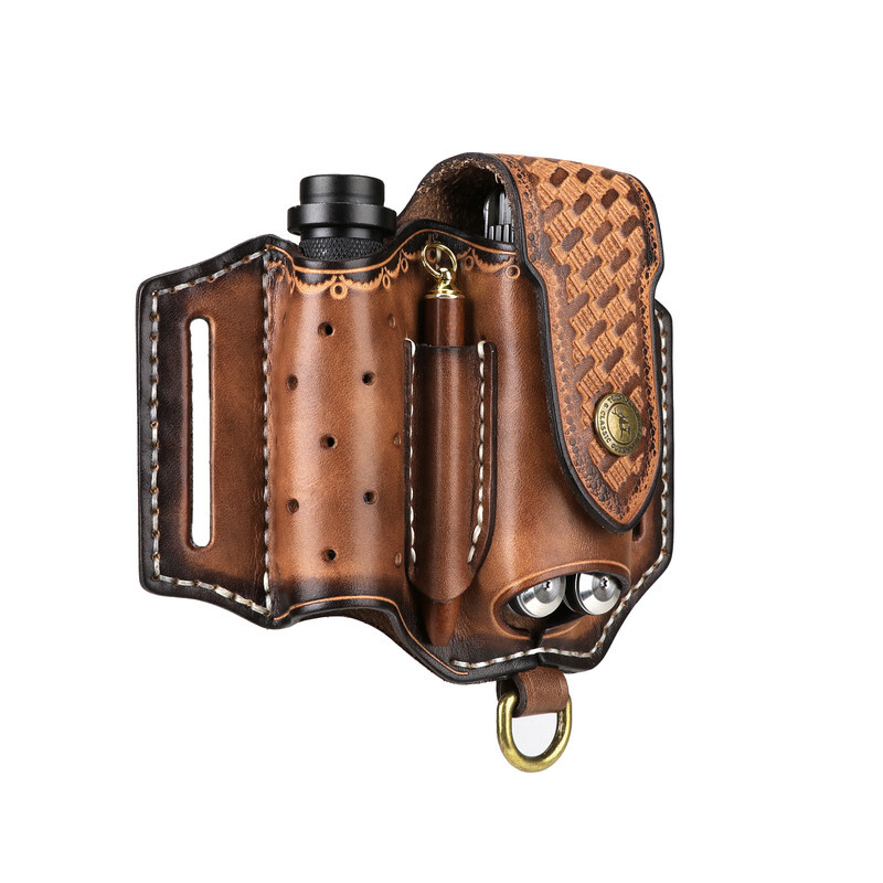 TOURBON 4-in-1 Leather Multitool Belt Holster for Flashlight/EDC/Pen Sheath Gift