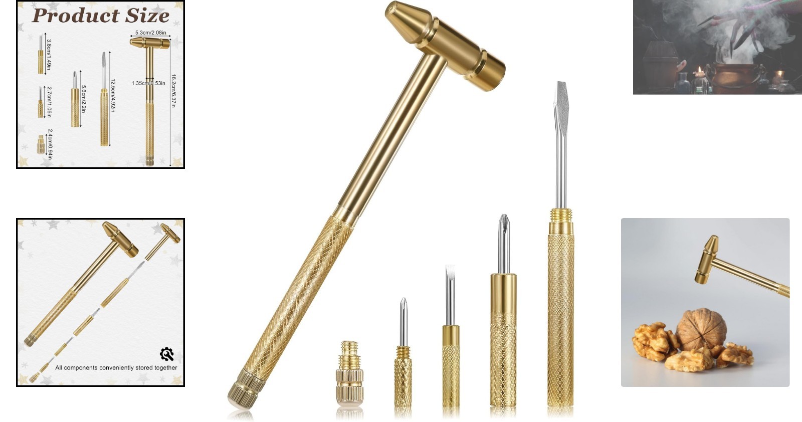 6-in-1 Mini Copper Hammer Tool with Screwdrivers – Portable & Elegant Gold