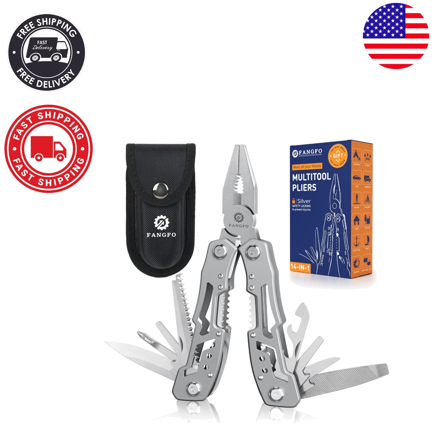 Portable Stainless Steel 14-in-1 Multitool with Safety Lock – Great for Gifts