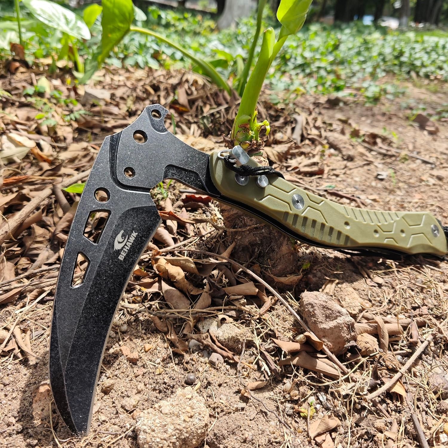 Folding Sickle Knife With Sheath, Quick Release Tactical Survival Tool with Safe