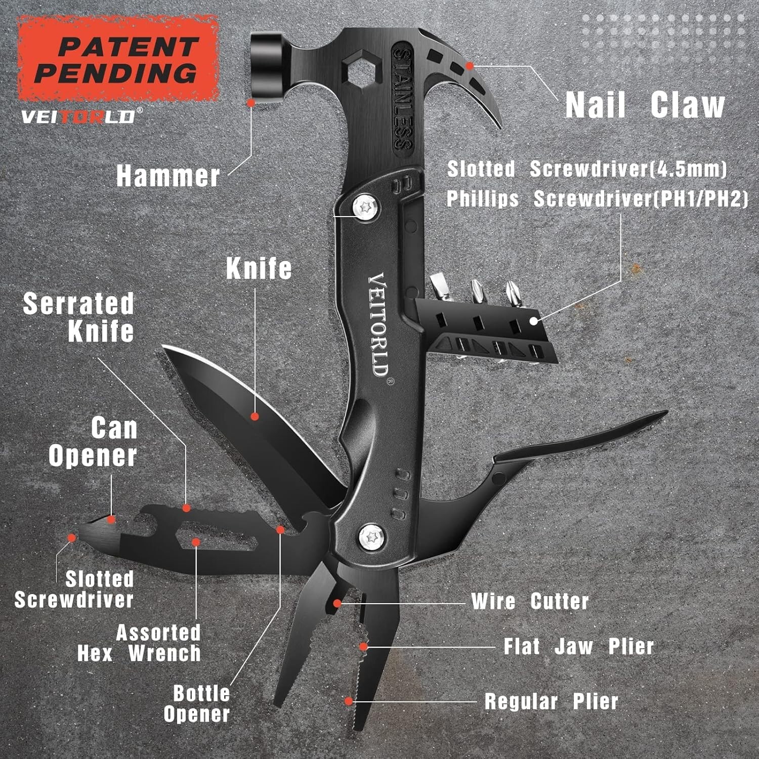 14-in-1 Stainless Steel Multitool Hammer – Unique Valentine’s Day Gift for Him