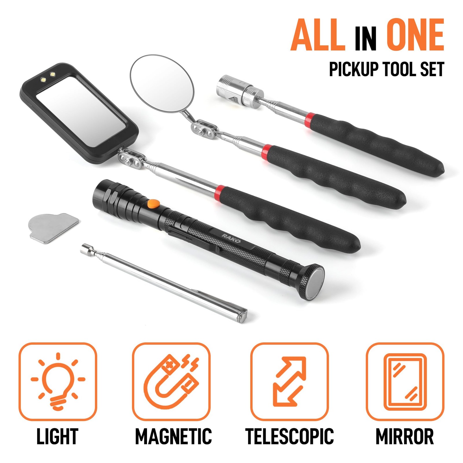 5Pcs Magnetic Pickup Tool Set 360 Swivel Mirrors LED Flashlight