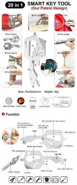 Multi Tool Key 20 In 1 Camping Key Chain Cycling Every Day Carry, pack of 2