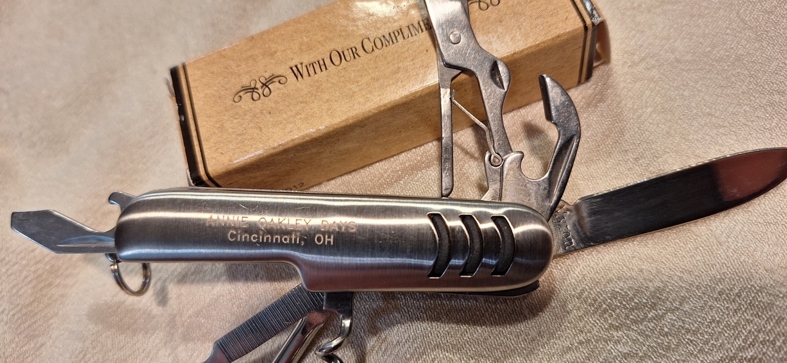 Myron Multi Tool Utility Pocket Knife 8 Tool Silver W/Advertising ANNIE OAKLEY