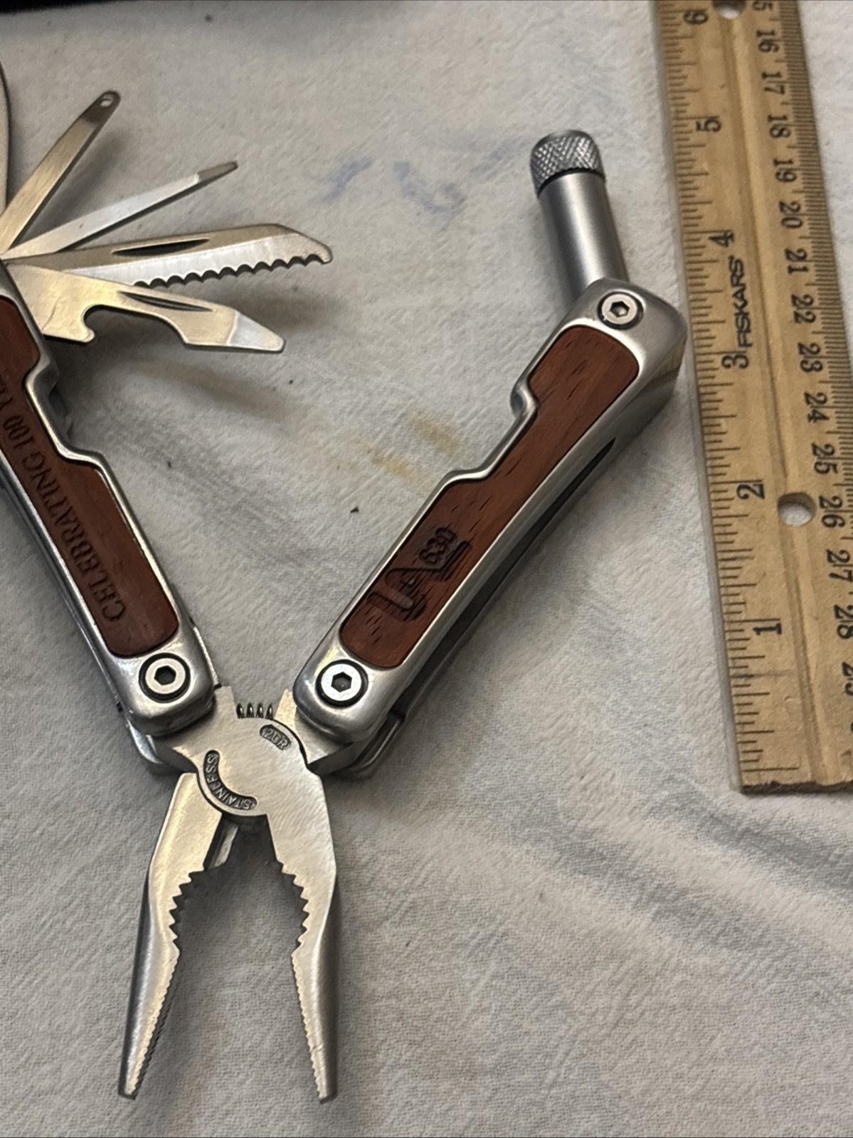 BELZIG Buccaneer Multi Tool w/ Flashlight Light +Black Pouch, Wood Inlay Handle