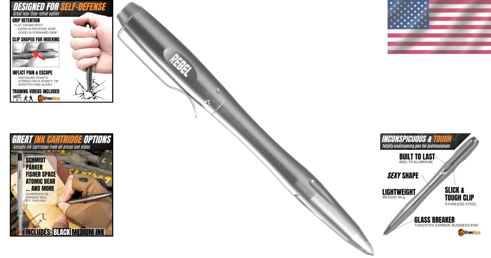 The Atomic Bear Tactical EDC Pen with Glass Breaker – 2 Black Ink Cartridges