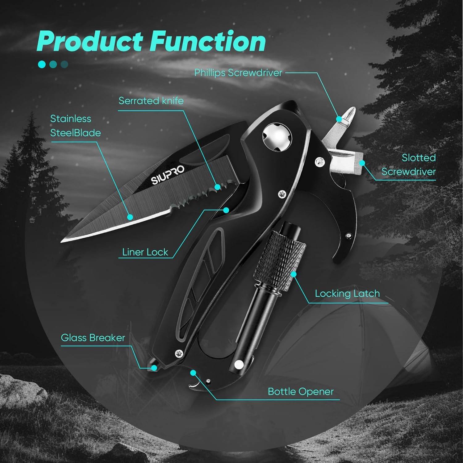 Multitool Carabiner Knife, Pocket Knife for Men with Bottle Opener, Window Break