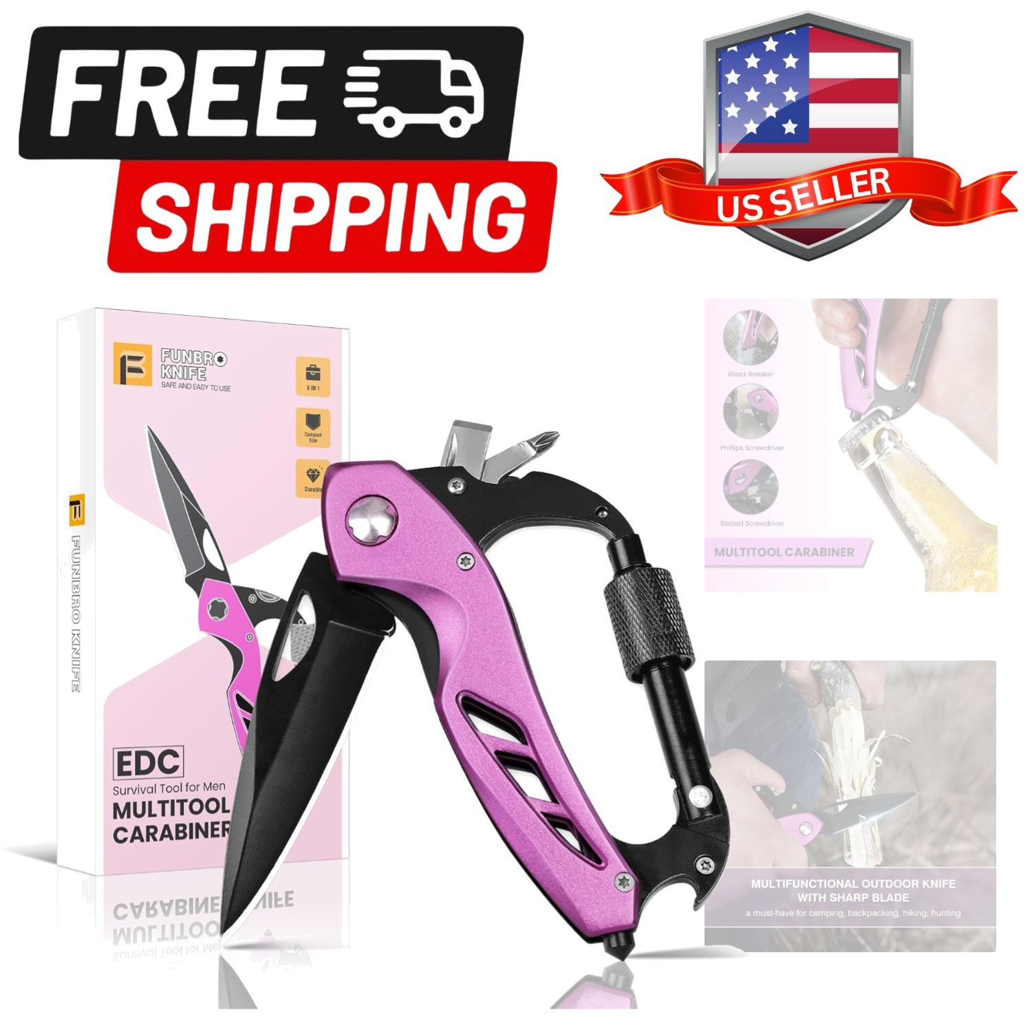 Pink Multitool Carabiner Knife Gifts for Mom Women Wife, 6-in-1 Keychain Mult…