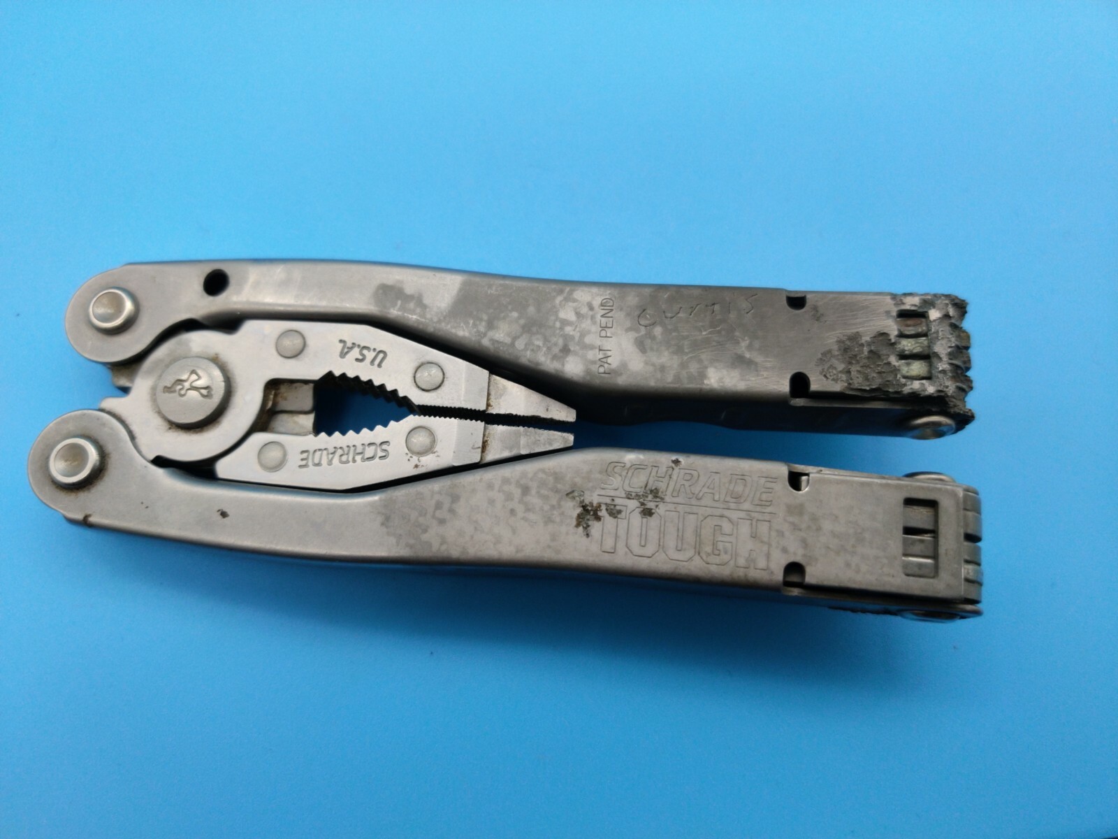 USED Schrade Tough multi tool folding pliers Made in USA All in one DAMAGED