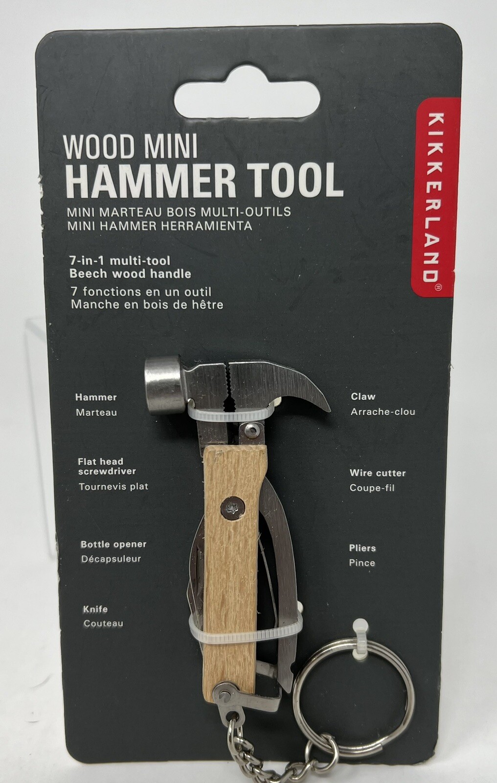 Kikkerland KR13-W Mini Wooden Hammer Tool Keyring 7 in 1 Bottle Opener Knife