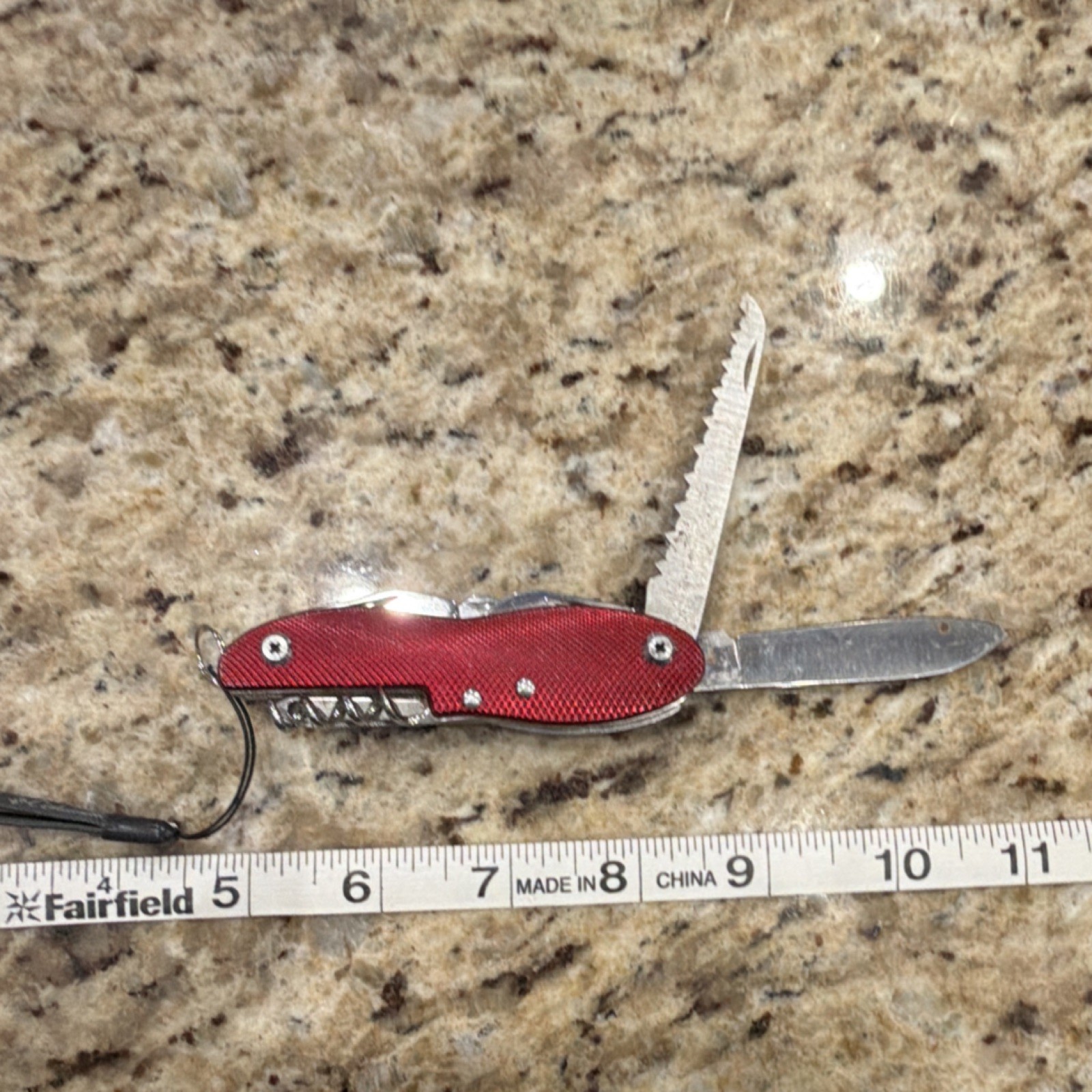 Columbia Multi-Tool Red Stainless Steel Knife Saw Opener Corkscrew Lanyard