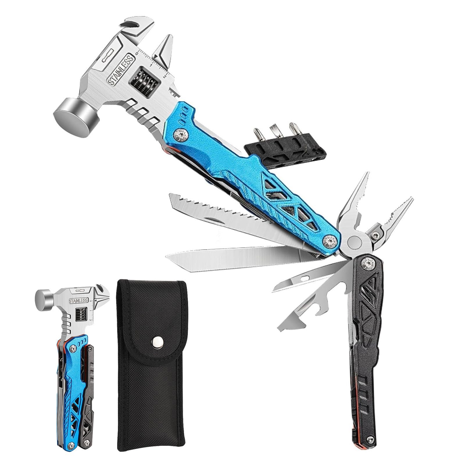 18-in-1 Multitool Hammer with Adjustable Wrench, Stainless Steel Multi Tool P…