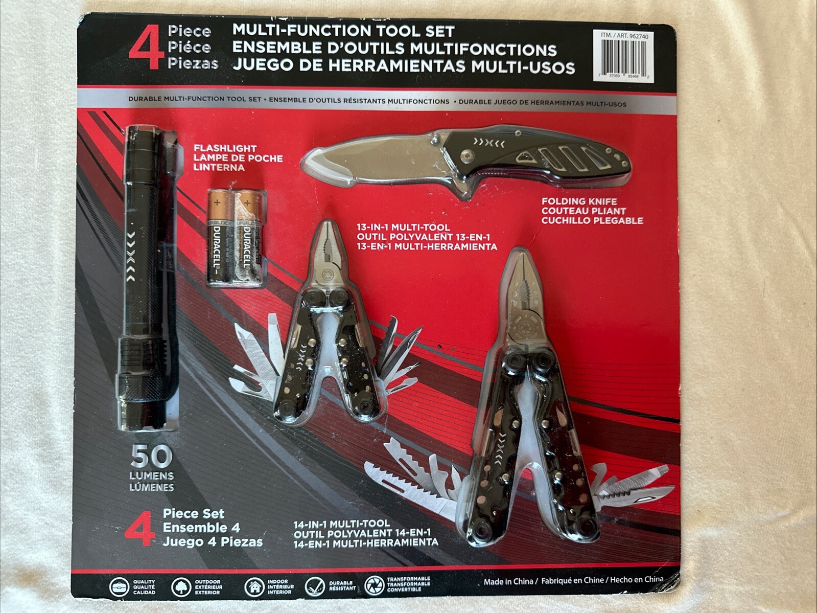 FOUR PIECE 14IN1 & 13IN1 MULTI-FUNCTION SNAP TOOL SET FOLDING KNIFE FLASHLIGHT