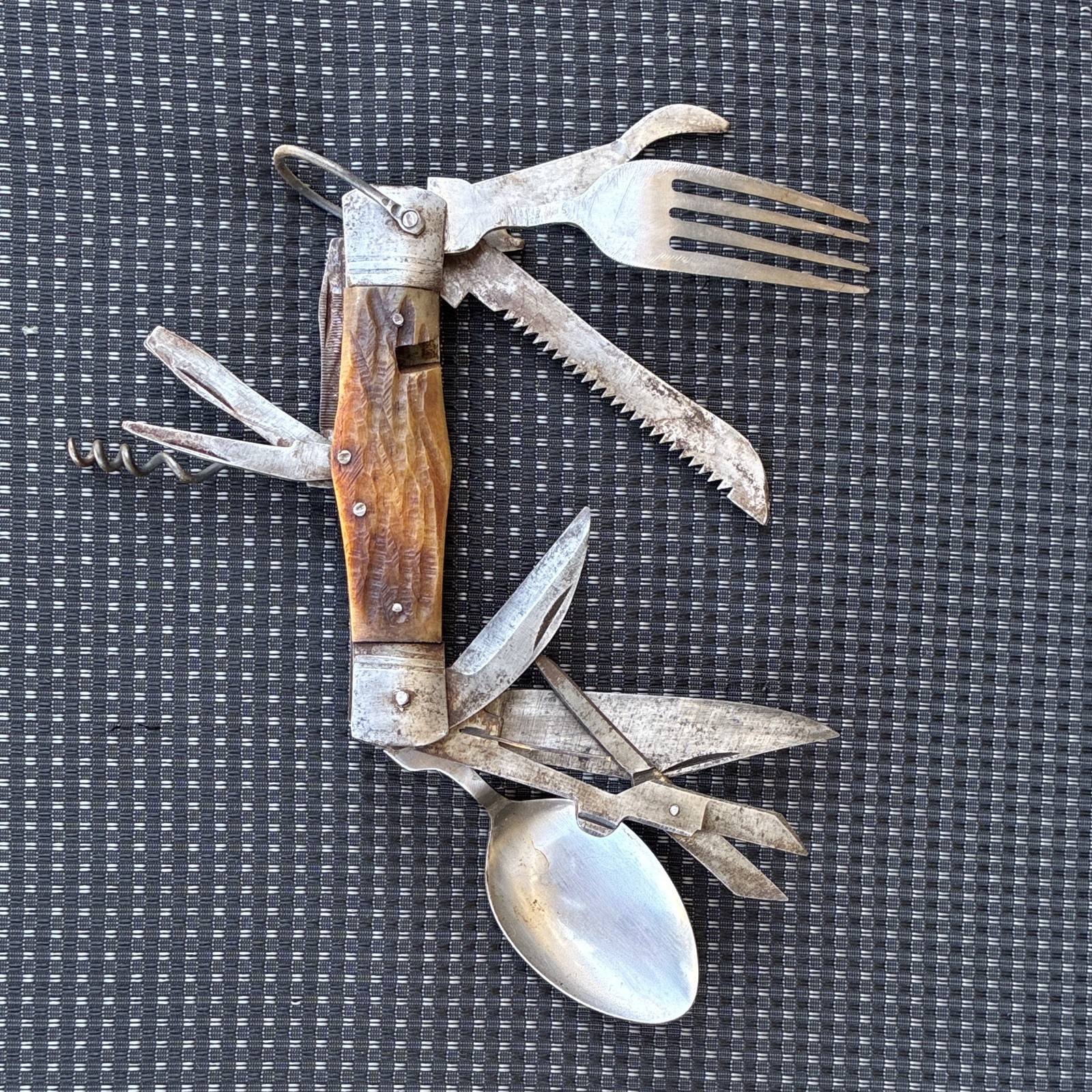 Folding Camping Multi-Tool Knife Fork Spoon Saw Corkscrew Wood/Steel Handle