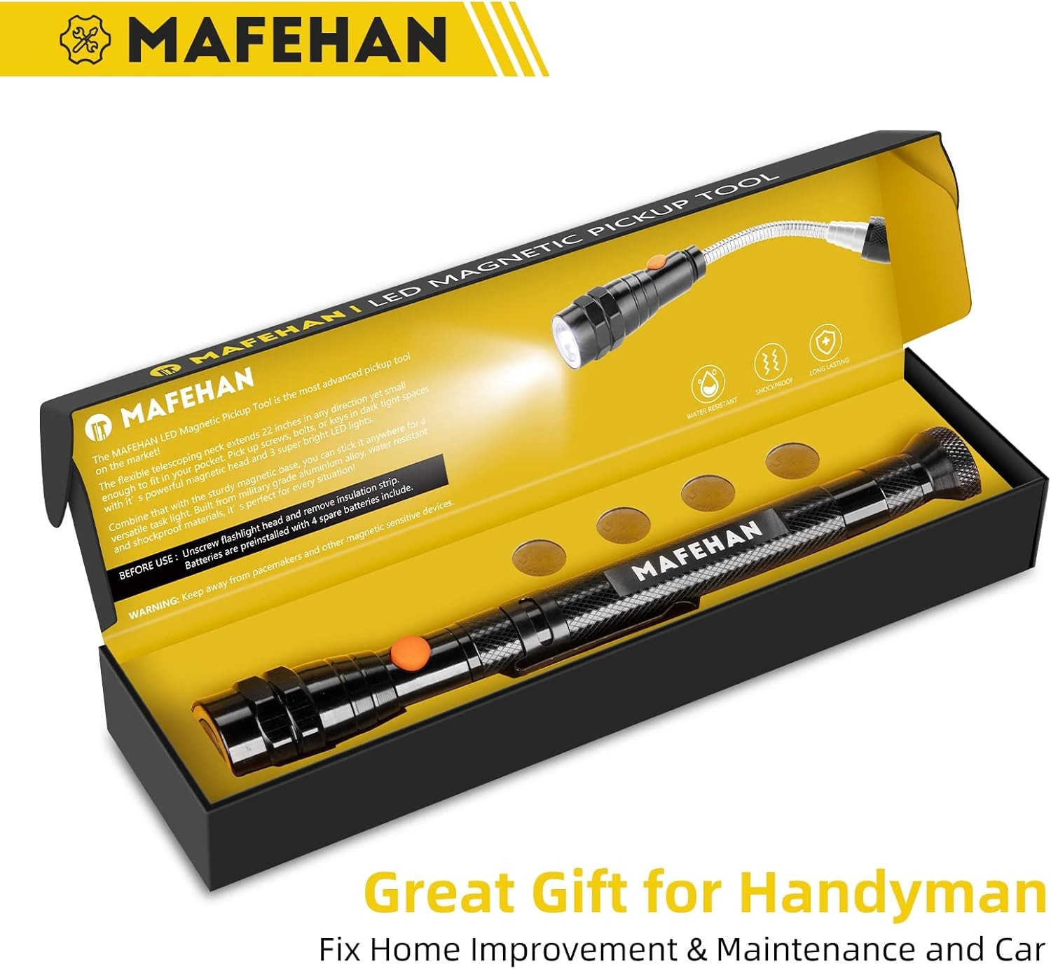 Telescoping Magnetic Pickup Tool with Extendable Flashlight, Unique Mens Gifts f