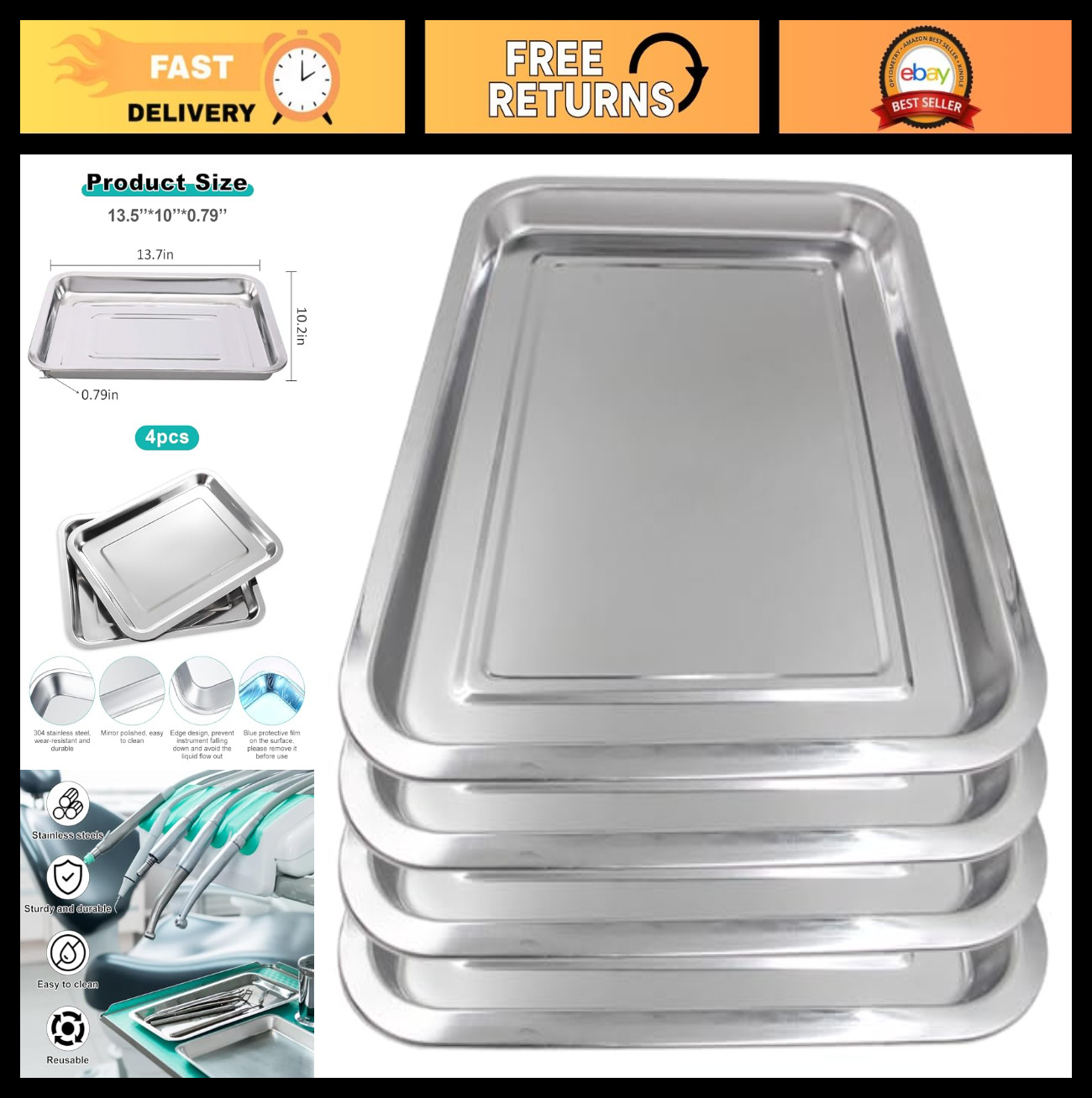 4 Pack Heavy-Duty Stainless Steel Trays 13.5″ x 10″ – Multi-Purpose Tool Organiz