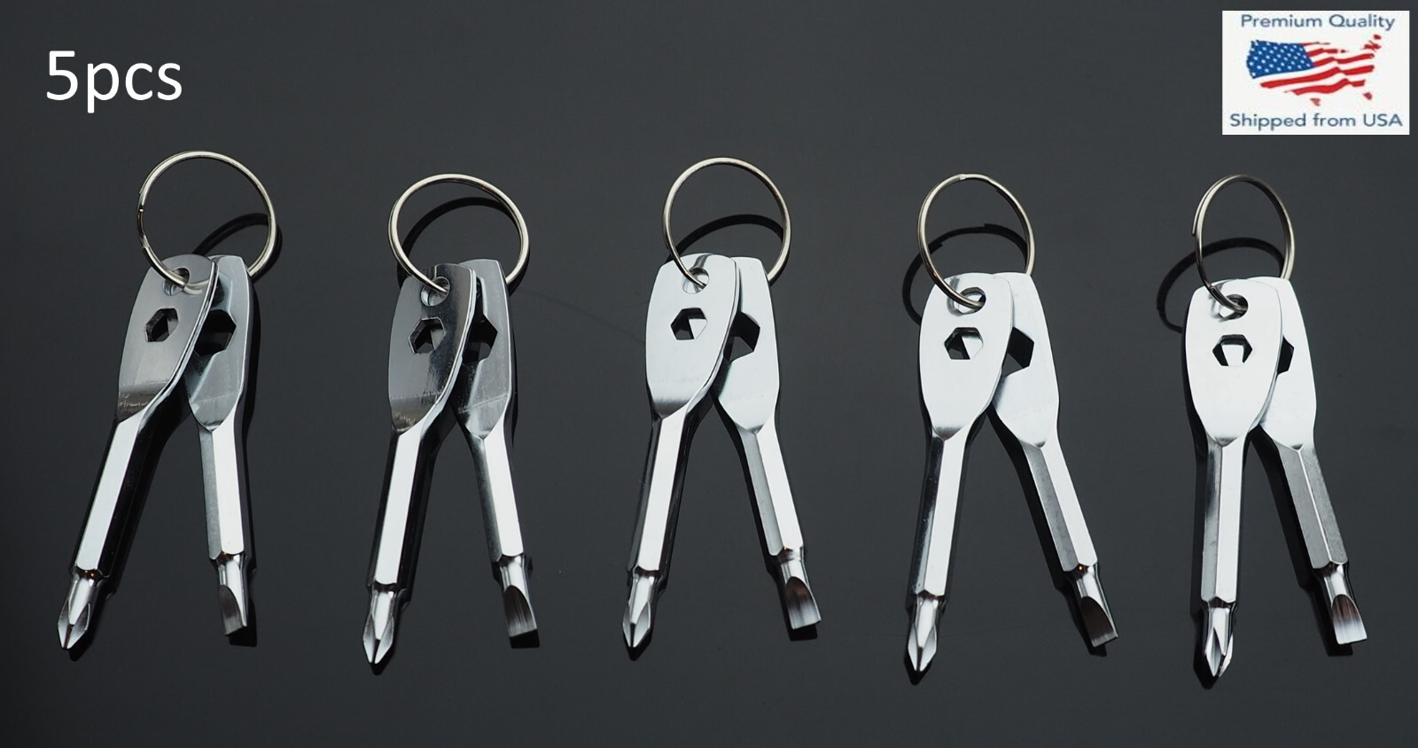 5pcs – Screwdriver Keychain Set EDC Pocket Tool Hex Nut Wrench Key Ring – Silver