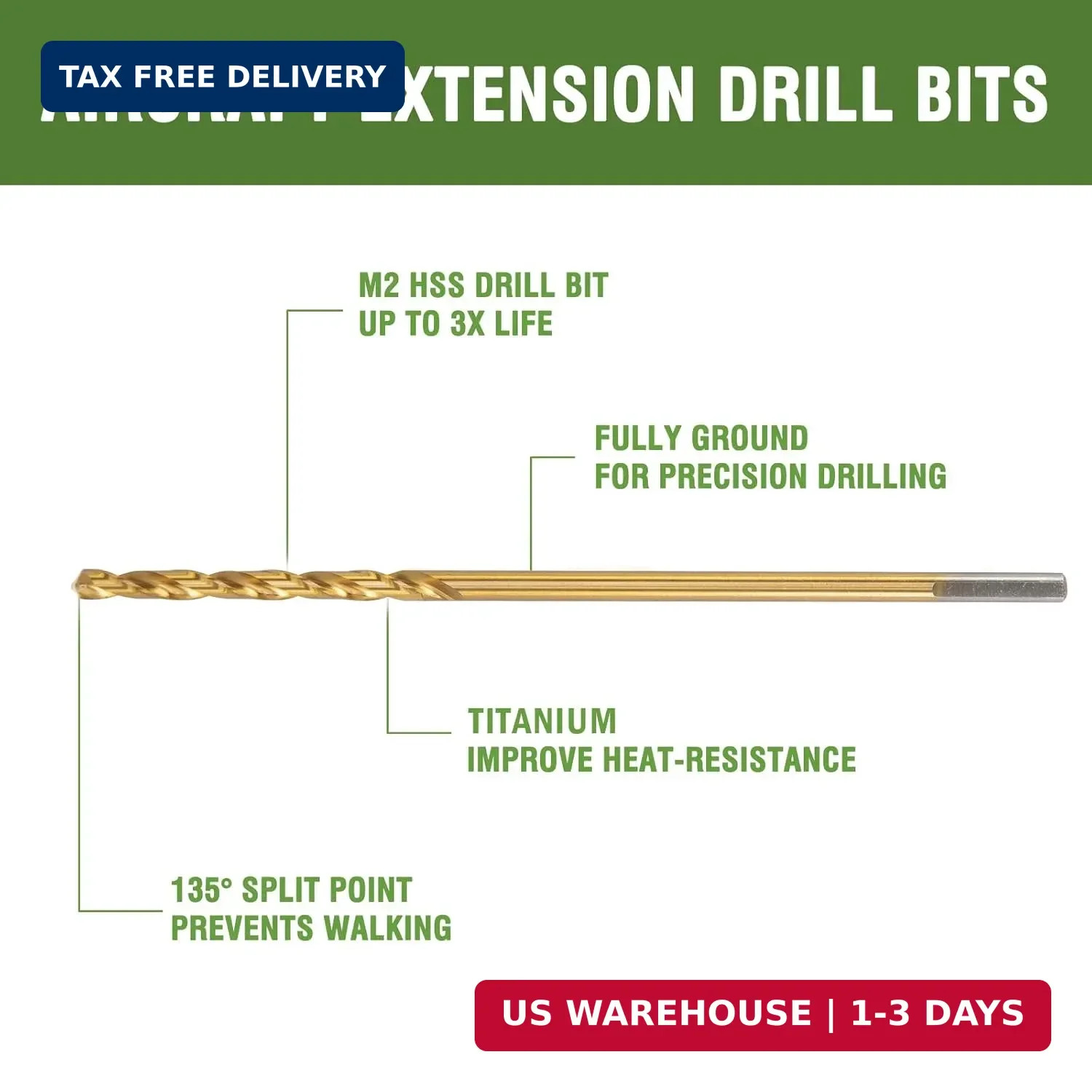 1/8″ x 6″ Extra Long Drill Bit 6 Pack Titanium Aircraft HSS Wood Metal