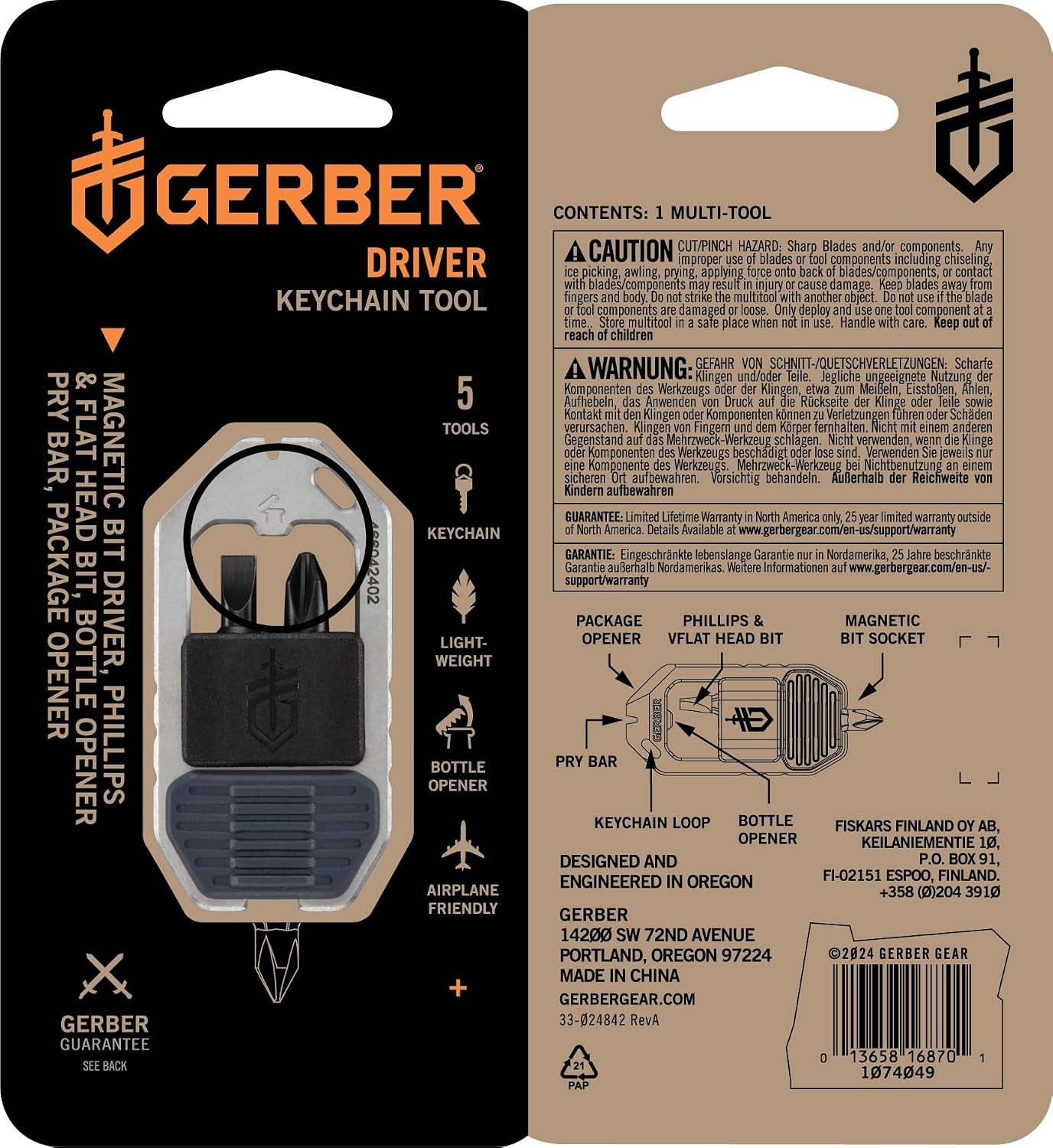 Gear Driver Keychain 5-in-1 Multitool, Clips to Pocket or Keychain with Pry Bar,