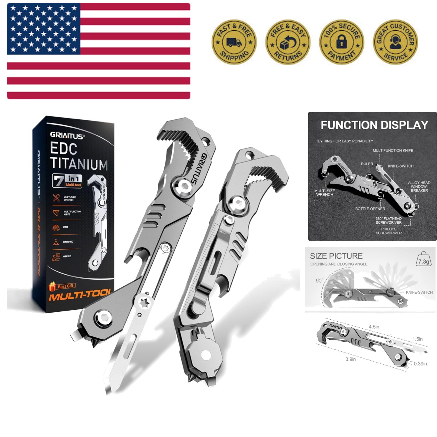 EDC Multitool 7 in 1 with knife, Wrench, Folding Knife, Screwdriver, Bottle O…