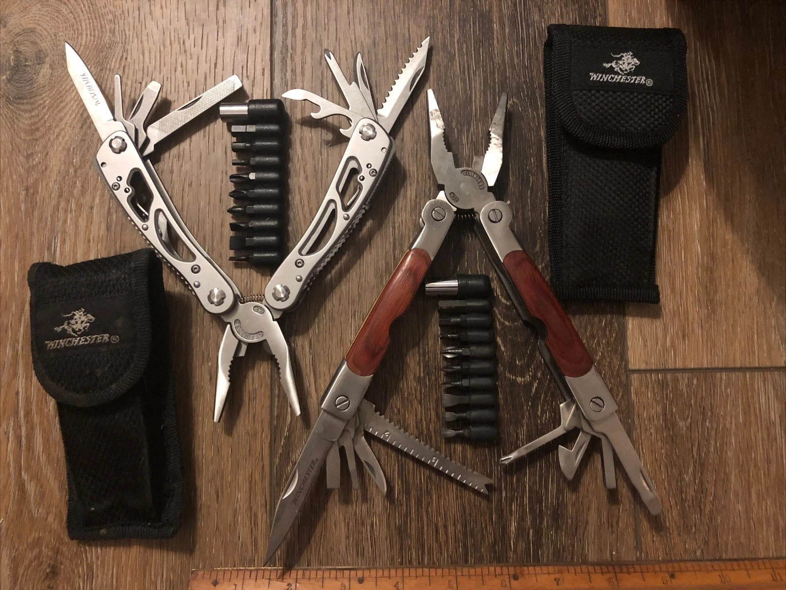 Lot of 2 Winchester Multi-Tools: Winframe & 2CR Wood Handle with Sheaths & Bits