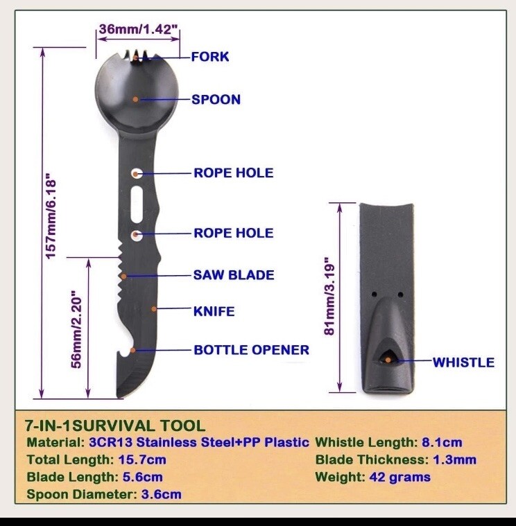 Camping Utensils Spork Knife 7 In 1 Multi Use Camp Survival Bug Out Stainless